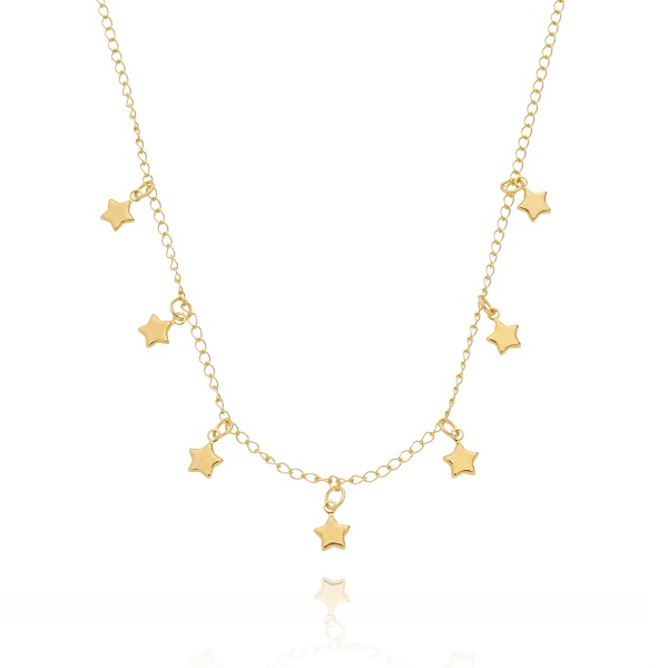 Colar Infantil Correntinha Pingentes Estrela Lisa Folheado a Ouro 18K