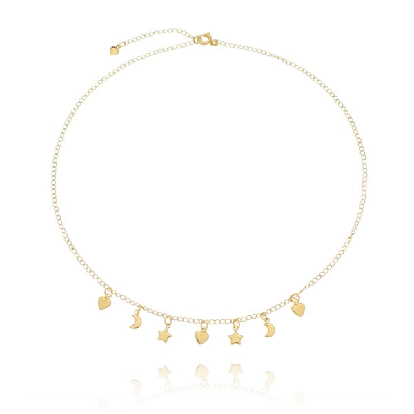 Colar Infantil Correntinha Pingentes Estrela Lua Coração Lisa Folheado a Ouro 18K