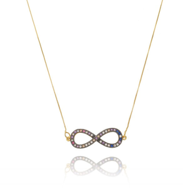Colar Infinito Com Zirnônias Coloridas Folheado a Ouro 18K