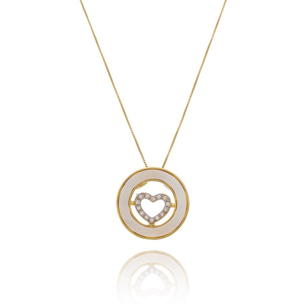 Colar Mandala Madrepérola Coração Cravejado Folheado a Ouro 18K