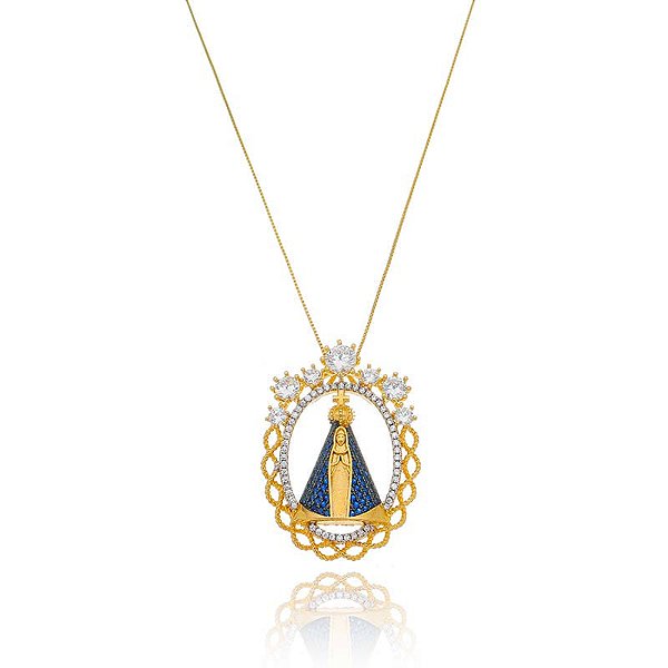 Colar Mandala Nossa Senhora Aparecida Manto Azul Folheado a Ouro 18K