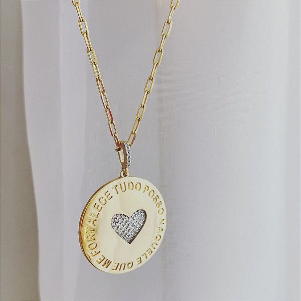 Colar Medalha Coração Cravejado Tudo Posso Folheado a Ouro 18K