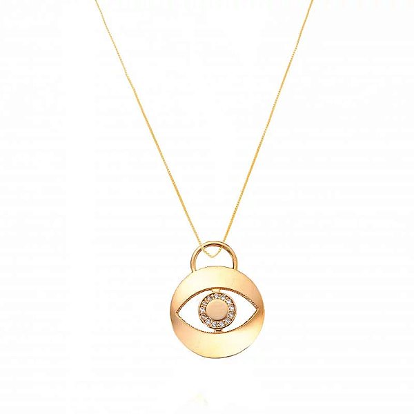 Colar Medalha Olho Grego Zirconias Folheado a Ouro 18K