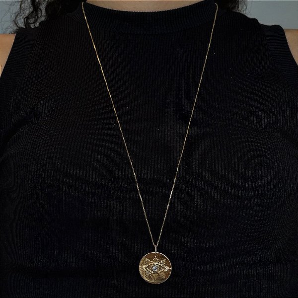 Colar Moeda Olho Grego 70Cm Folheado a Ouro 18K