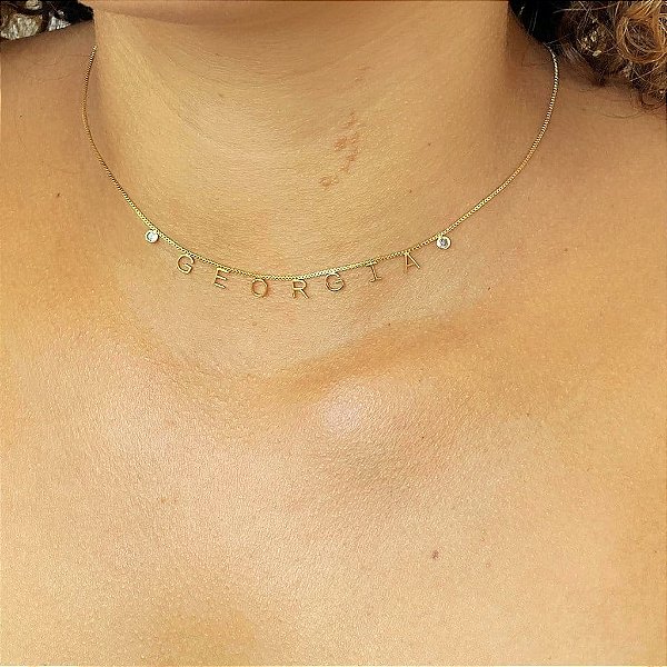 Colar Nome Personalizado Zircônias Início E Fim Folheado a Ouro 18K