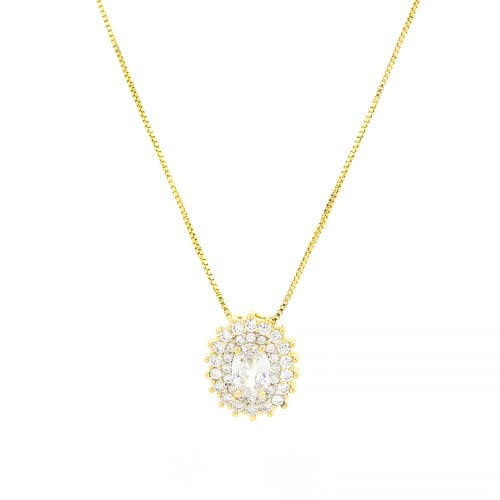 Colar Oval Zirc Meio Borda Cravejado Folheado a Ouro 18K