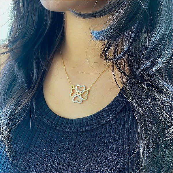 Colar Trevo De 4 Folhas Folheado a Ouro 18K