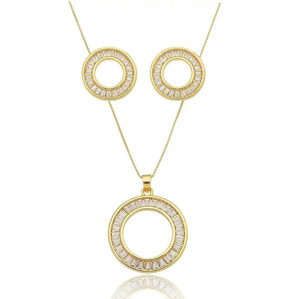 Conjunto Circulo Baguetes Folheado a Ouro 18K