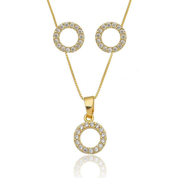 Conjunto Circulo Vazado Cravejado Folheado a Ouro 18K