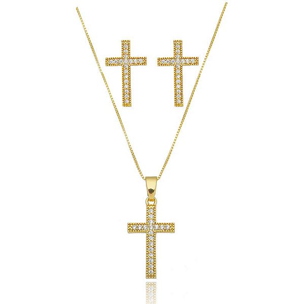 Conjunto Cruz Cravejado Folheado a Ouro 18K