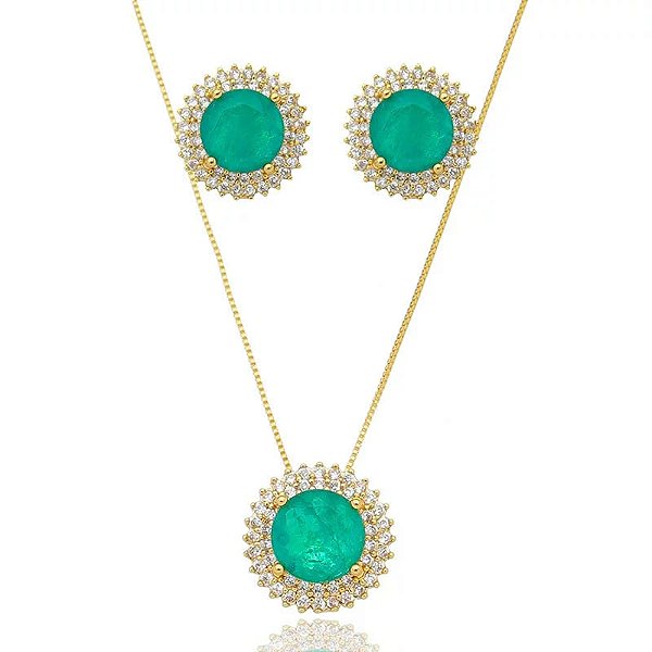 Conjunto Redondo Verde Com Borda Cravejado Folheado a Ouro 18K