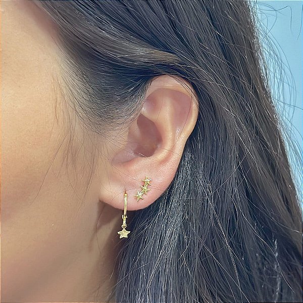 Duo Argola Estrela E Estrela Tripla Folheado a Ouro 18K