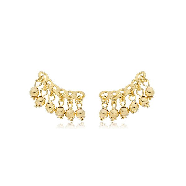 Brinco Earcuff Corrente Bolinhas Penduradas Folheado a Ouro 18K