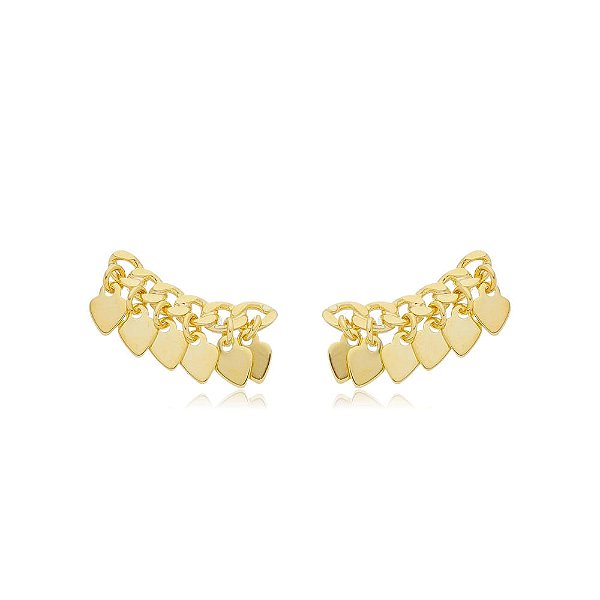 Brinco Earcuff Corrente Coração Pendurado Folheado a Ouro 18K