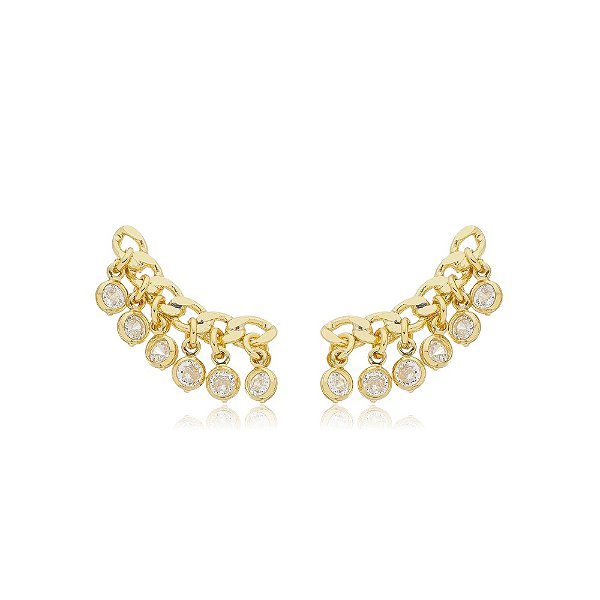 Brinco Earcuff Corrente Zirconias Pendurada Folheado a Ouro 18K