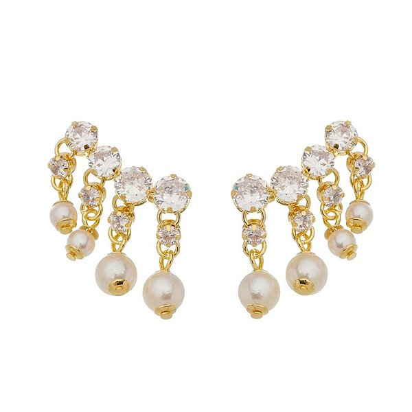 Brinco Earcuff Zirconia Com Pérolas Folheado a Ouro 18K