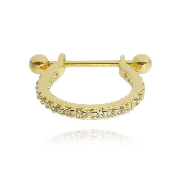 Piercing 2 Em 1 Meia Argola 1 Fio Cravejado Zircônias M Folheado a Ouro 18K