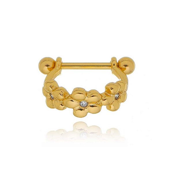 Piercing 2 Em 1 Meia Argola 3 Flores Folheado a Ouro 18K