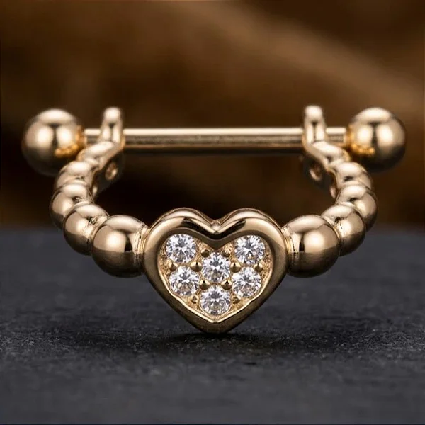 Piercing 2 Em 1 Meia Argola Aro Bolinhas Coração Cravejado Folheado a Ouro 18K