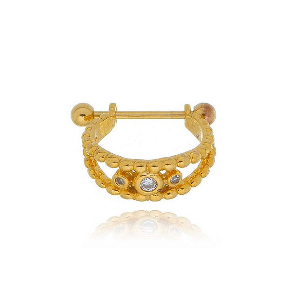 Piercing 2 Em 1 Meia Argola Dois Fios Bolinhas E 3 Zirconias Folheado a Ouro 18K