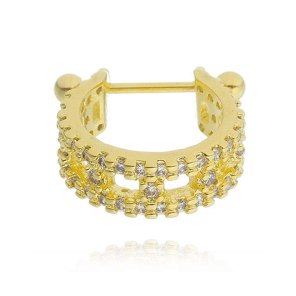 Piercing 2 Em 1 Meia Argola Fio Duplo Zircônias No Centro Folheado a Ouro 18K