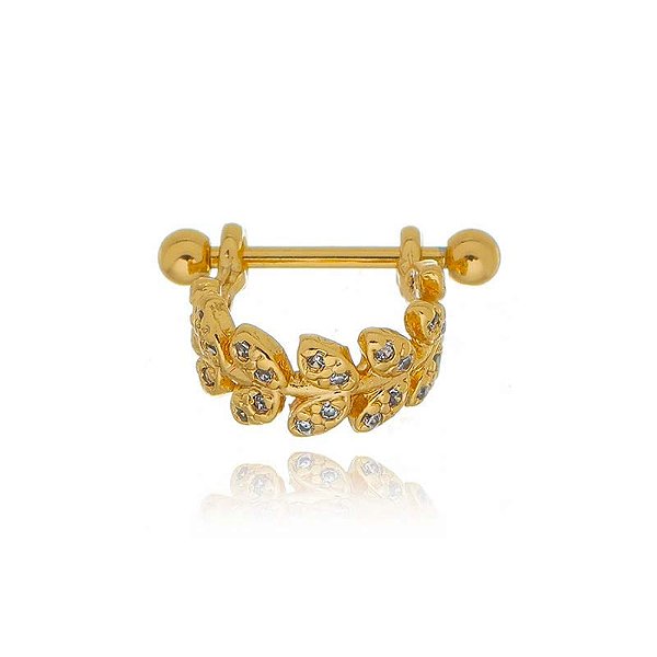 Piercing 2 Em 1 Meia Argola Folhagem Cravejado Conch Folheado a Ouro 18K