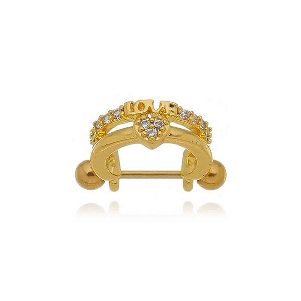 Piercing 2 Em 1 Meia Argola Love E Coração Cravejado Folheado a Ouro 18K