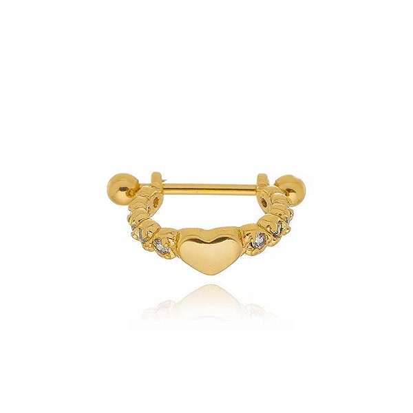 Piercing 2 Em 1 Meia Argola Zircônias Bolinhas E Coração Liso Folheado a Ouro 18K