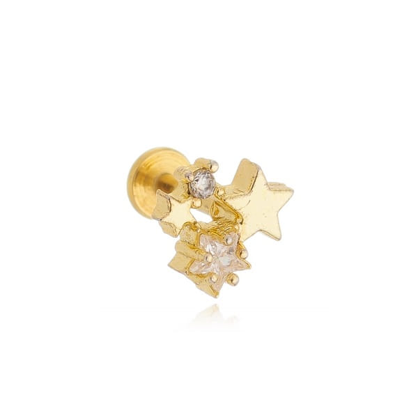 Piercing 3 Estrelas E Ponto De Luz Base Reta Folheado a Ouro 18K