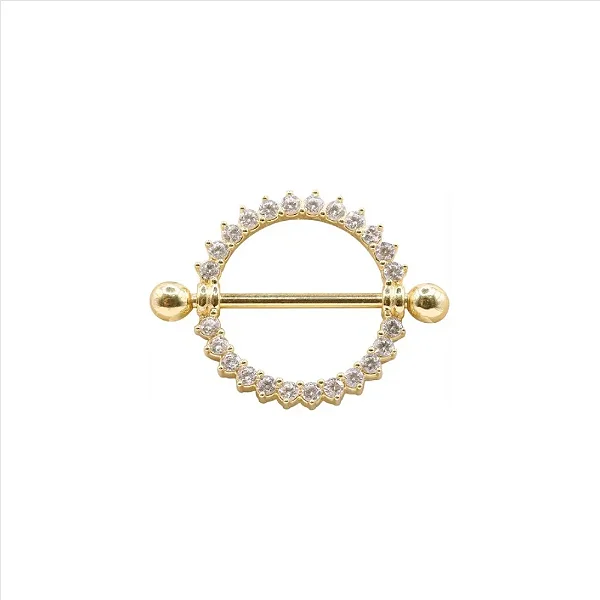 Piercing Mamilo Redondo Cravejado Folheado a Ouro 18K