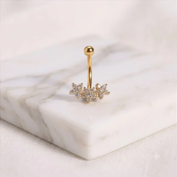 Piercing Umbigo [12mm] 3 Flores Cravejados Folheado a Ouro 18K