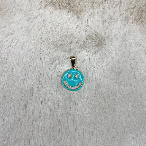 Pingente Carinha Feliz Resina Azul Folheado a Ouro 18k