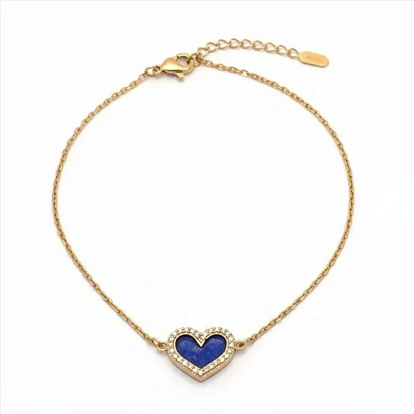 Pulseira Coração Cravejado Resina Azul Meio Folheado a Ouro 18K