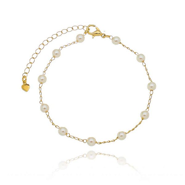 Pulseira Correntinha 11 Pérolas 4Mm Folheado a Ouro 18K