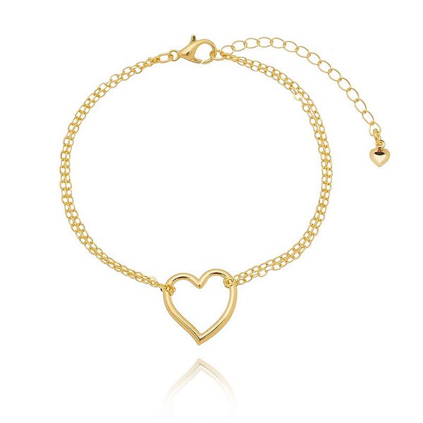 Pulseira Correntinha Dupla Coração Vazado Folheado a Ouro 18K