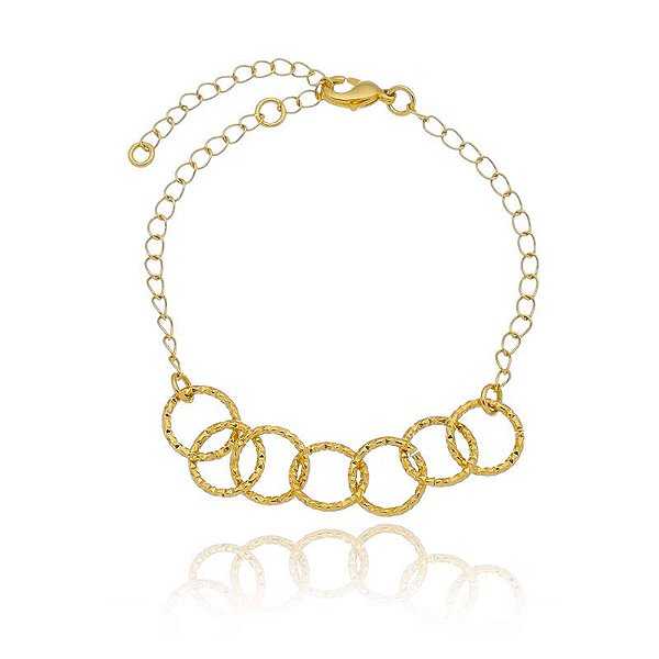 Pulseira Correntinha E Elos Redondos Trabalhados Unidas Folheado a Ouro 18K