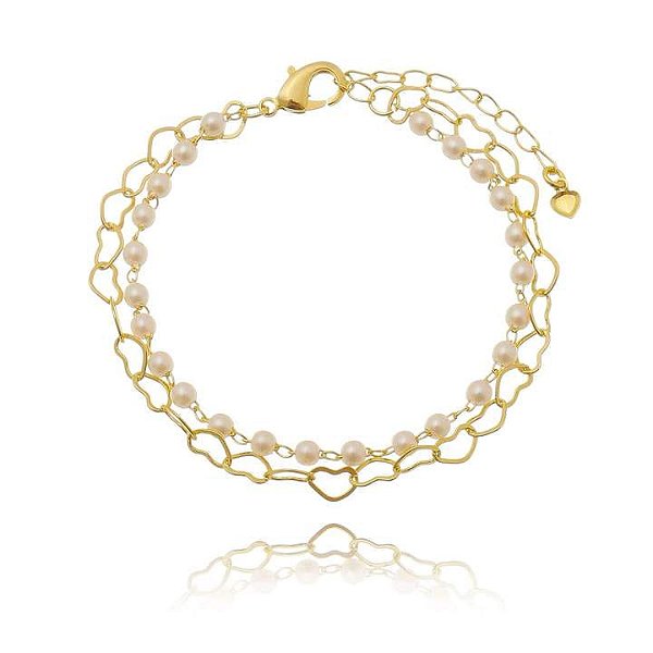 Pulseira Dupla Pérola E Elo Coração Folheado a Ouro 18K