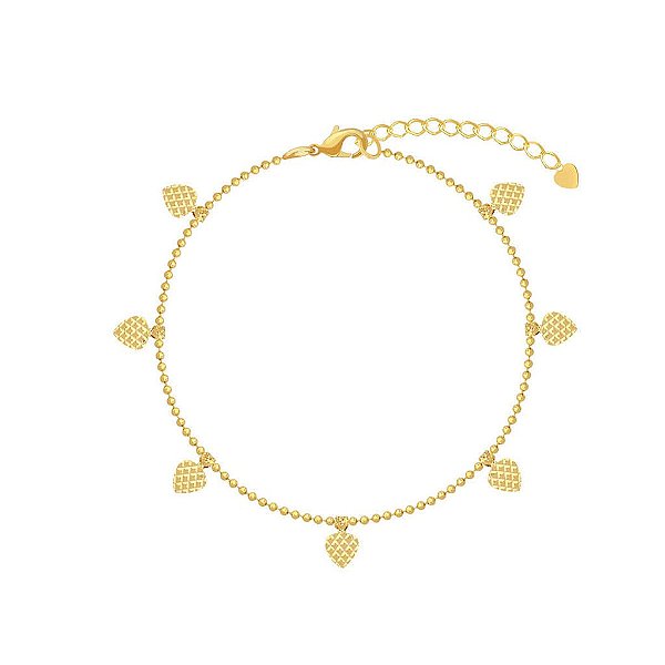 Pulseira Elo Bolinhas Pingentes Corações Granitados Folheado a Ouro 18K
