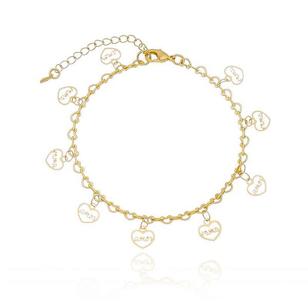 Pulseira Elo Coração Fixo Pingentes Corações Amor Folheado a Ouro 18K