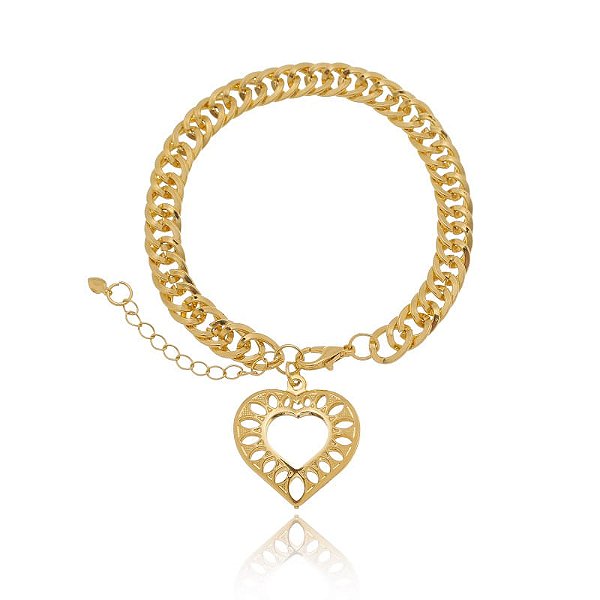 Pulseira Elo Groumet Trançado Pingente Coração Trabalhado Folheado a Ouro 18K