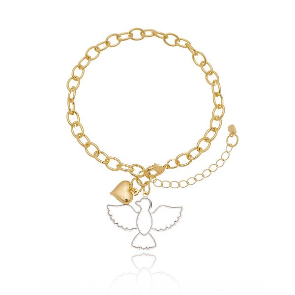 Pulseira Elo Ovais Pingente Espírito Santo Vazado Folheado a Ouro 18K