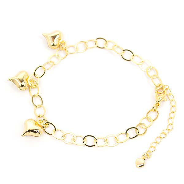 Pulseira Elo Oval 3 Corações Abaulados Pendurados Folheado a Ouro 18K