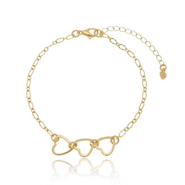 Pulseira Elo Oval 3 Corações Vazados Folheado a Ouro 18K
