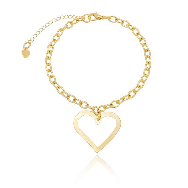 Pulseira Elo Oval Pingente Coração Placa Vazado Folheado a Ouro 18K