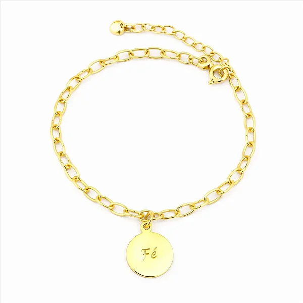 Pulseira Elo Oval Pingente Redondo Fe Folheado a Ouro 18K