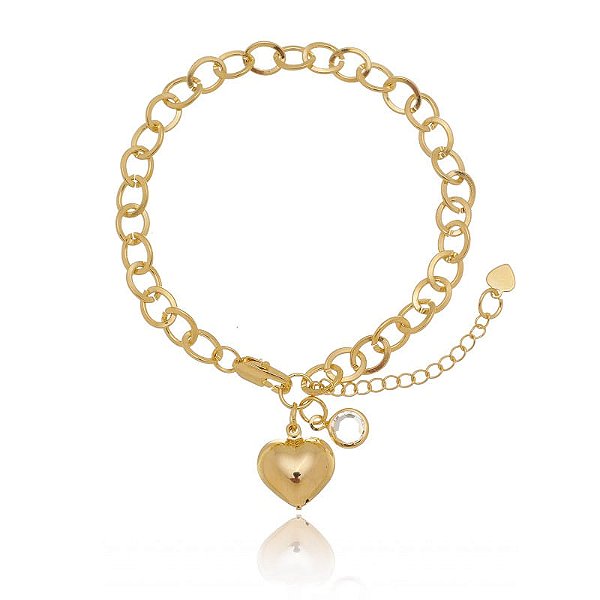 Pulseira Elo Oval Pingente Coração Abaulado E Zircônia Folheado a Ouro 18K
