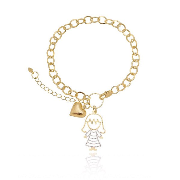 Pulseira Elo Oval Pingente Menina Vazado Folheado a Ouro 18K