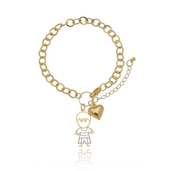 Pulseira Elo Oval Pingente Menino Vazado Folheado a Ouro 18K