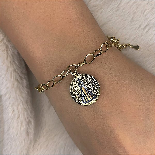 Pulseira Elo Pingentes Gratidao Cruz E Nossa Senhora Aparecida Azul Folheado a Ouro 18K