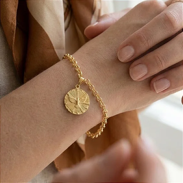Pulseira Elo Português Grande Pingente Sabedoria Folheado a Ouro 18K